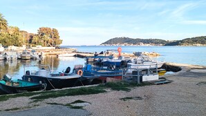 A marina with boats docked, calm water, and a distant shoreline with trees and buildings.