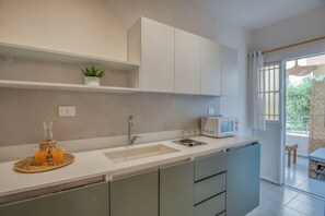 Monolocale, 1 letto matrimoniale, angolo cottura, vista montagna | Angolo cottura privato | Mini-frigorifero, microonde, piano cottura, pentole/stoviglie/utensili