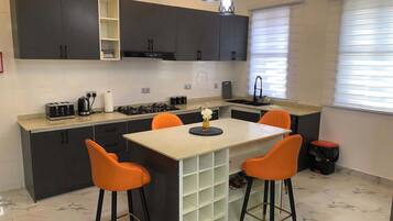 Deluxe appartement, balkon, uitzicht op stad | Privékeuken | Een koelkast, een magnetron, een oven, een kookplaat