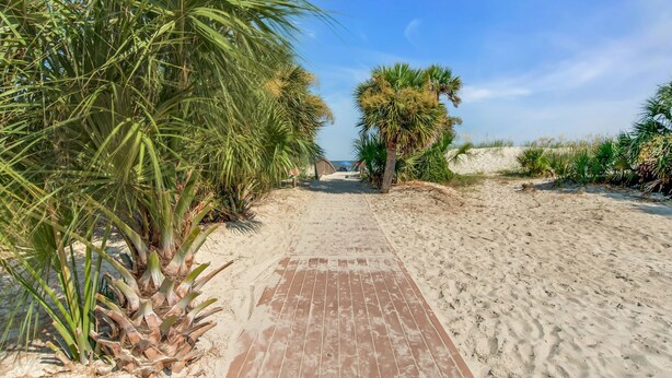 Un sendero arenoso que lleva a una playa con palmeras y cielo despejado.