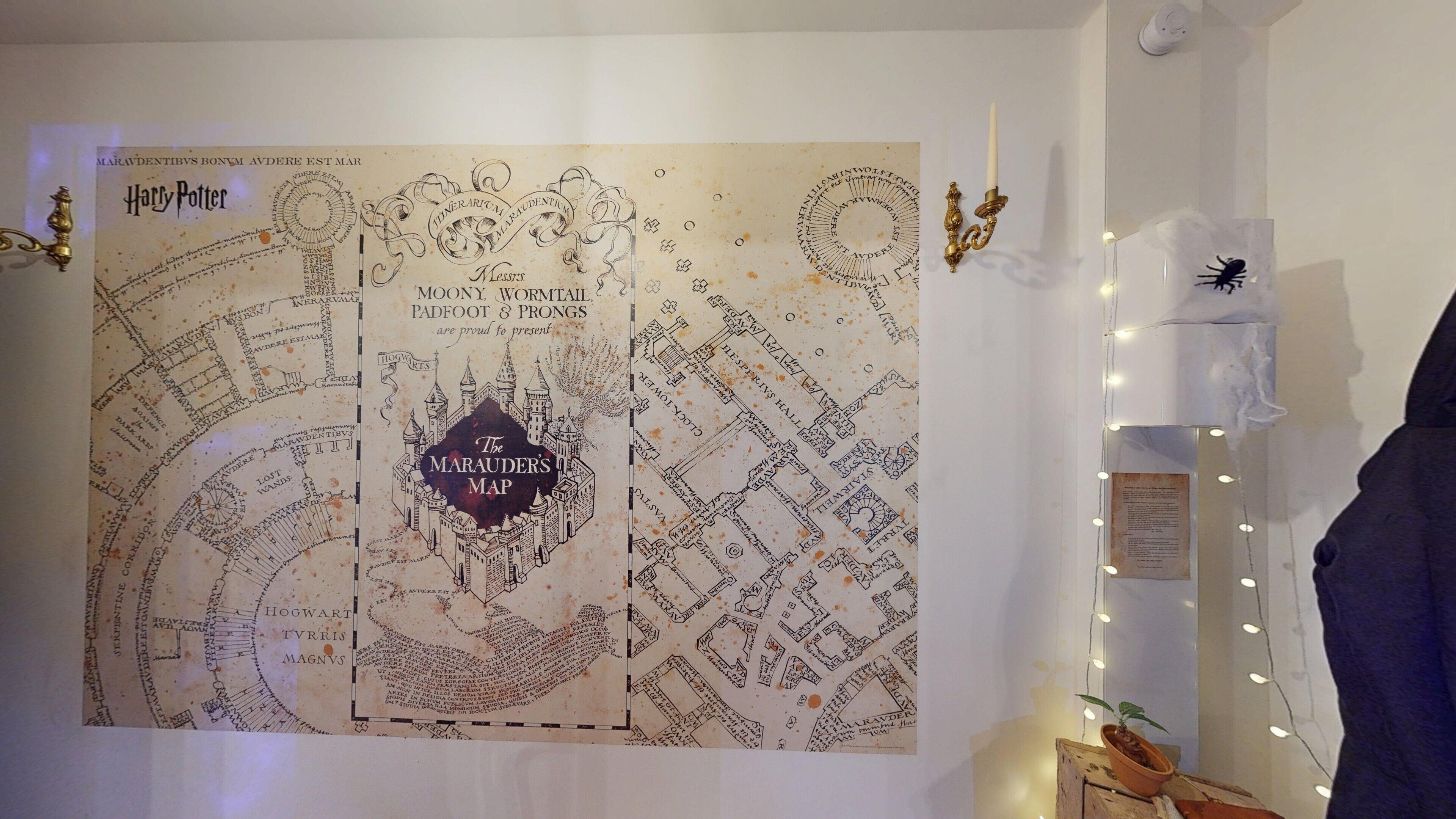 Een muur ingericht in Harry Potter-thema, met een Kaart van Verdwenen Objekten en een kaart van Zweinstein.