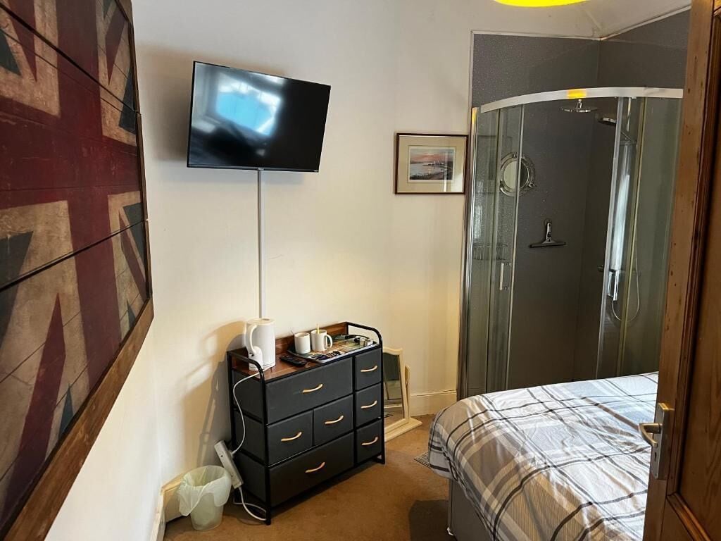 A bedroom with a bed, a dresser, a television, and a shower.