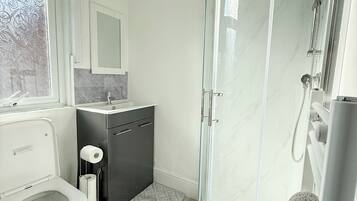 Shower, towels, toilet paper