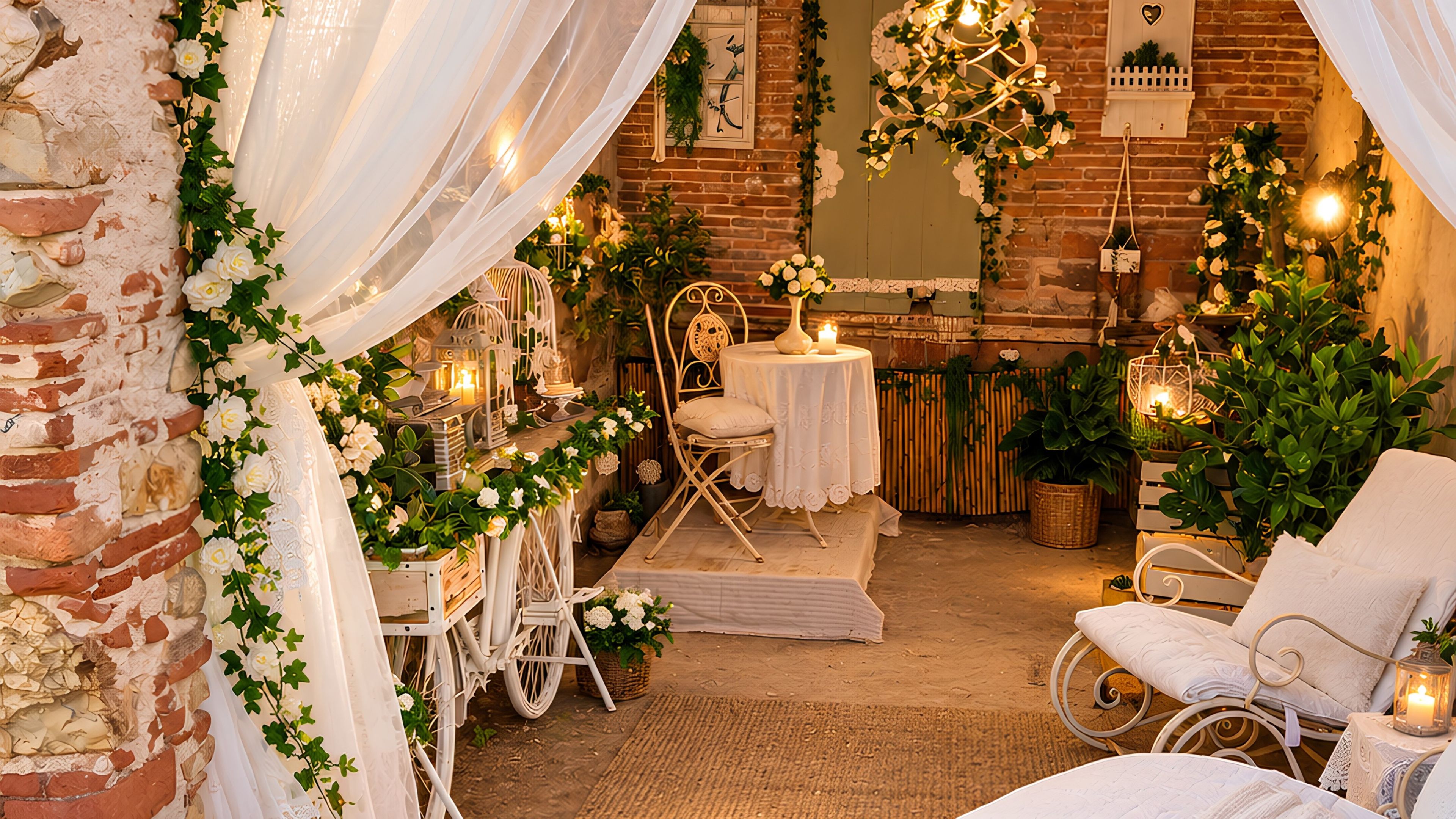 Une pièce chaleureuse et rustique avec un mur en briques, des rideaux blancs et une chaise blanche.
