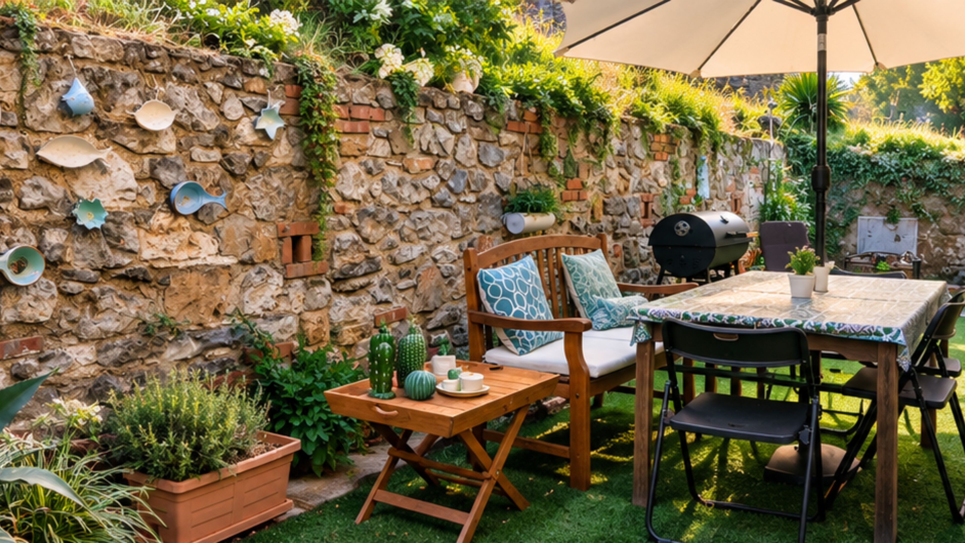 Eine Terrasse im Freien mit einer Steinmauer, einem Holztisch, einem Grill und verschiedenen Blumentöpfen.