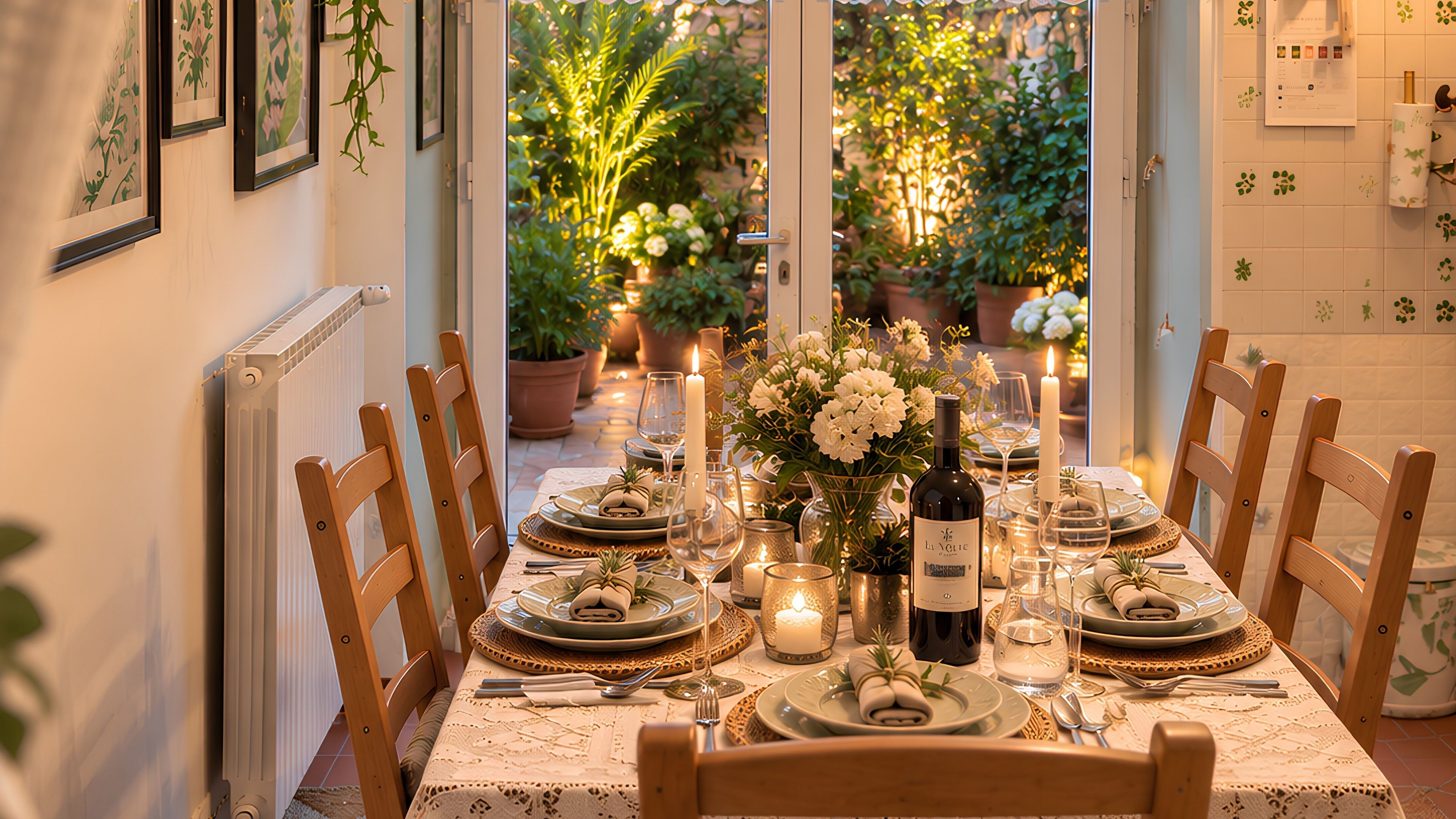 Une table à manger dressée pour six personnes, avec des bougies, des assiettes, des couverts et une bouteille de vin.