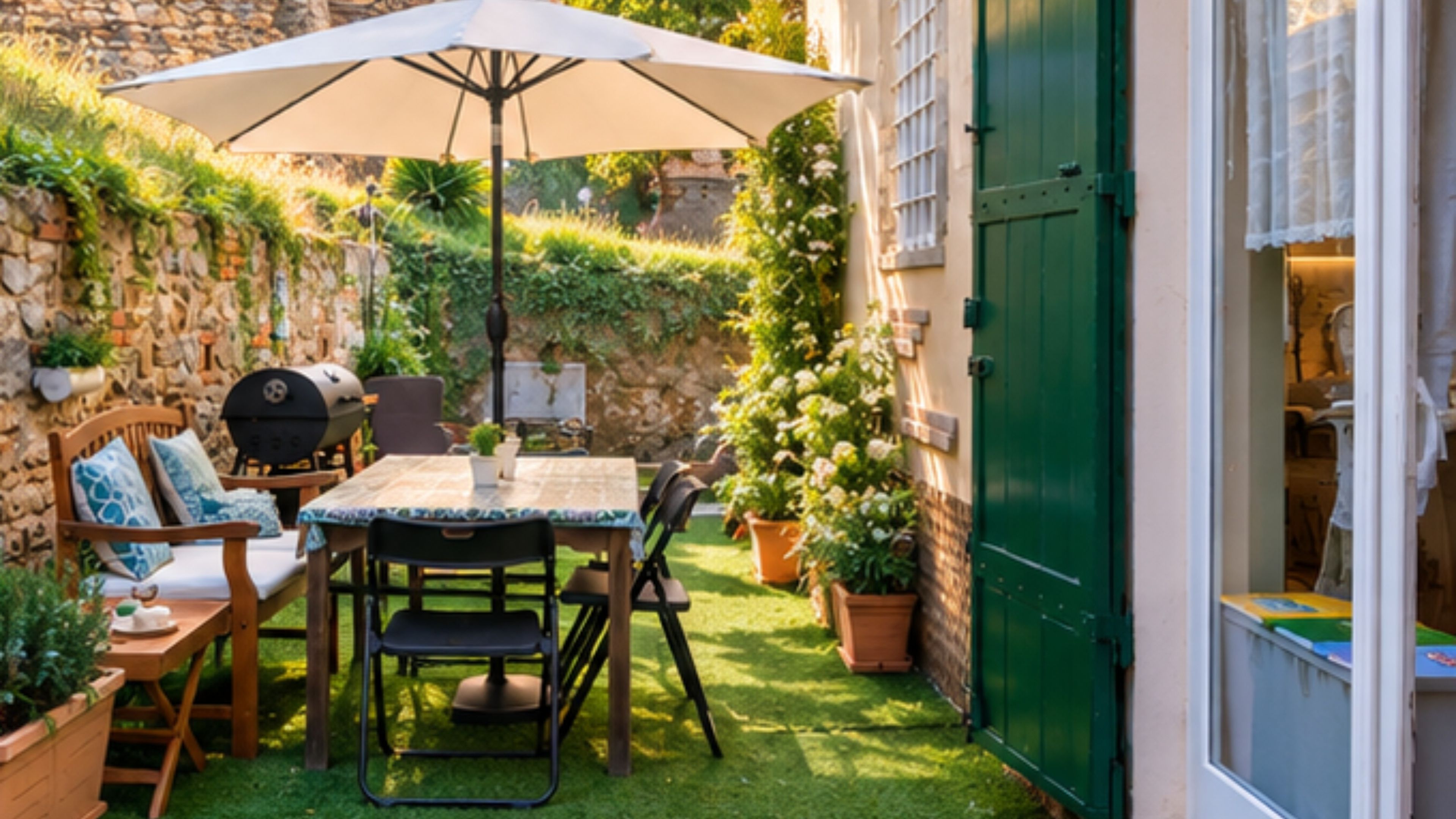 Eine Außenpatio mit Tisch, Stühlen, einem Grill und Topfpflanzen.