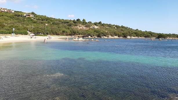 En kyststrand med klart vand, sandet bredde og bygninger på en skråning.