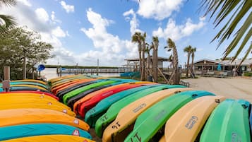 A row of colorful kayaks lined up on a sandy beach with palm trees and a clear sky in the background.