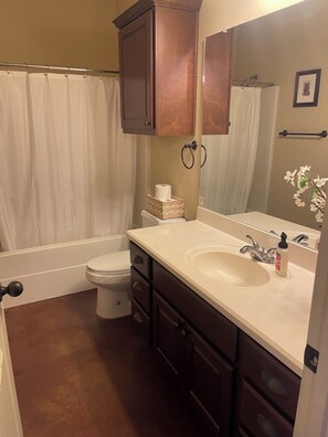 Hair dryer, towels, soap, toilet paper