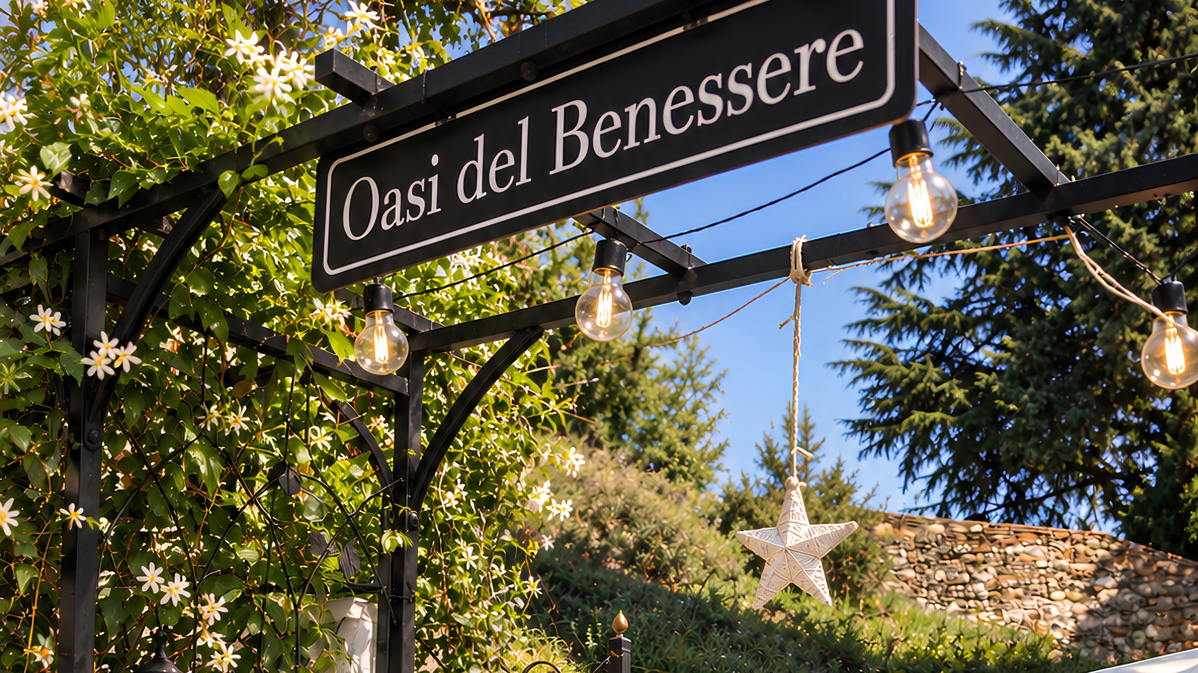 Un segnale con il testo 'Oasi del Benessere' e una decorazione a forma di stella appesa sotto.