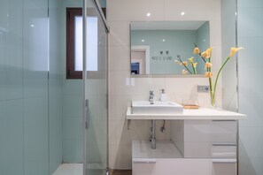 Shower, hair dryer, towels