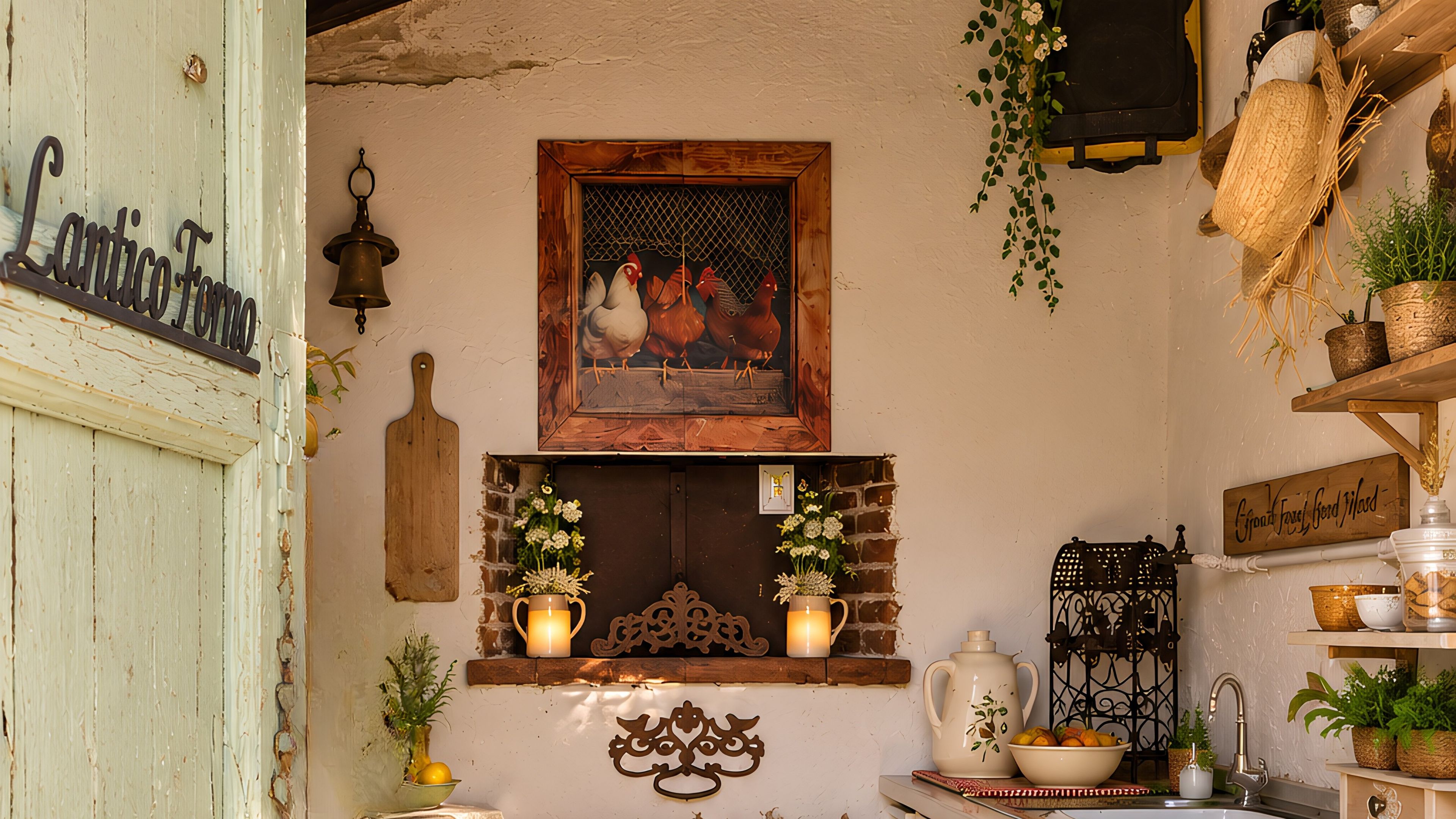 Ein rustikales Interieur mit einer Holztür, einer Wandglocke, einem gerahmten Kunstwerk und verschiedenen dekorativen Elementen, darunter eine Vase, ein Kerzenhalter und ein Regal mit Pflanzen.