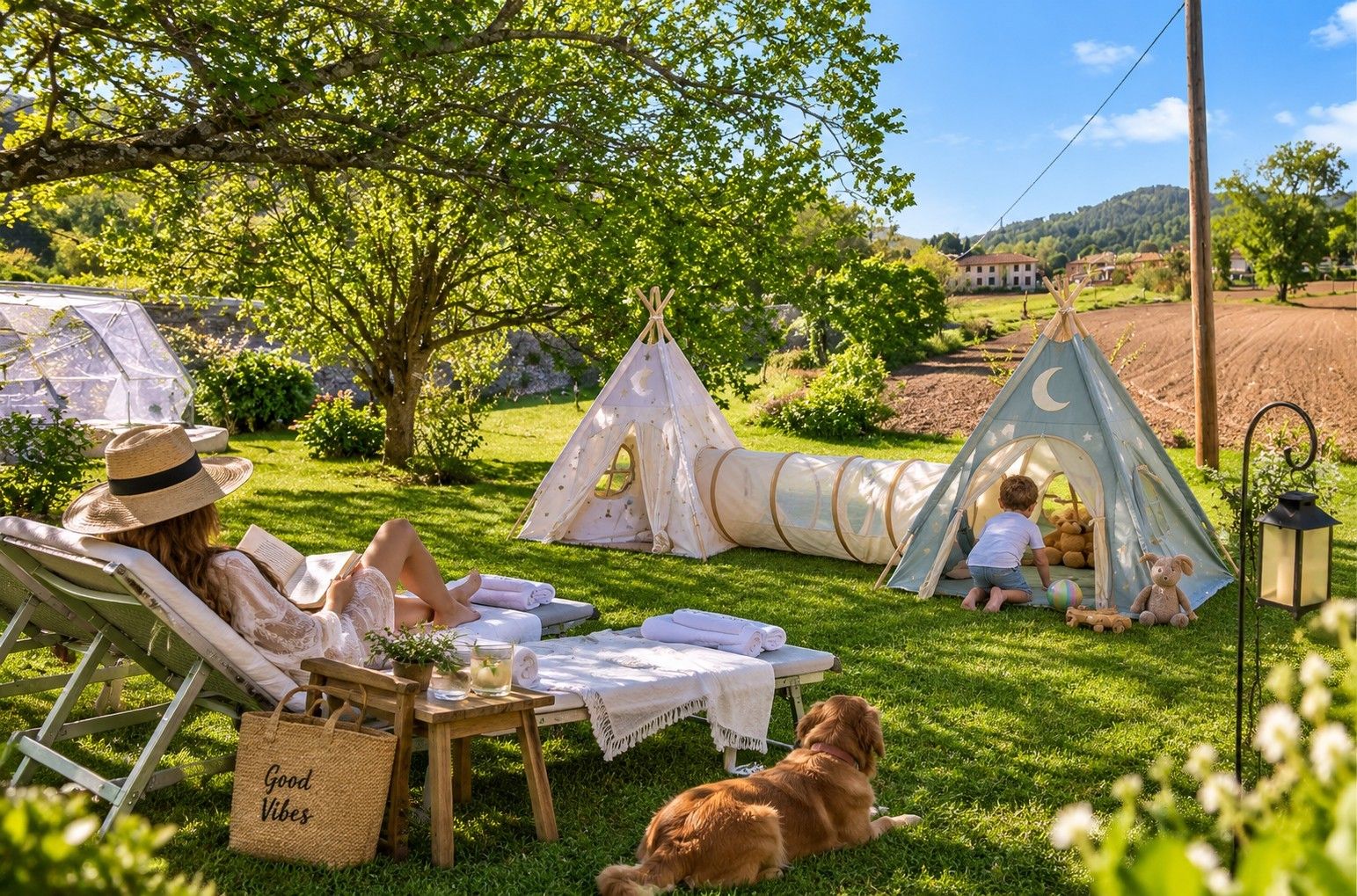 A campsite with tents, a table with a basket, and a dog.