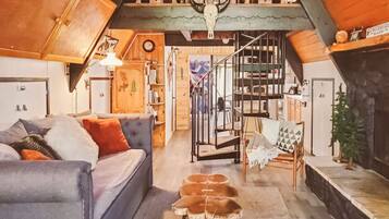 TV, fireplace, books