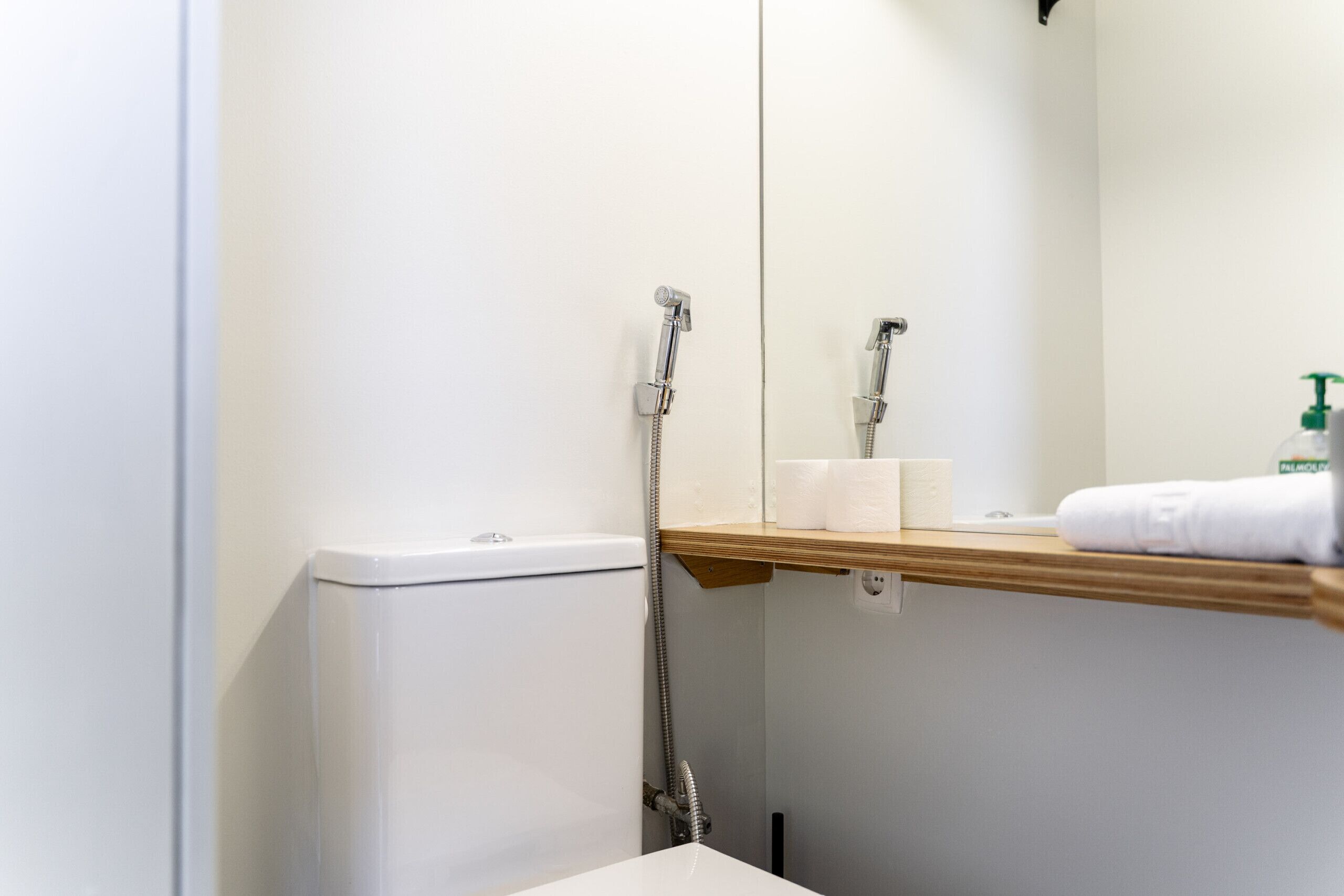 Un baño con inodoro, ducha, espejo y repisa con toalla y papel higiénico.