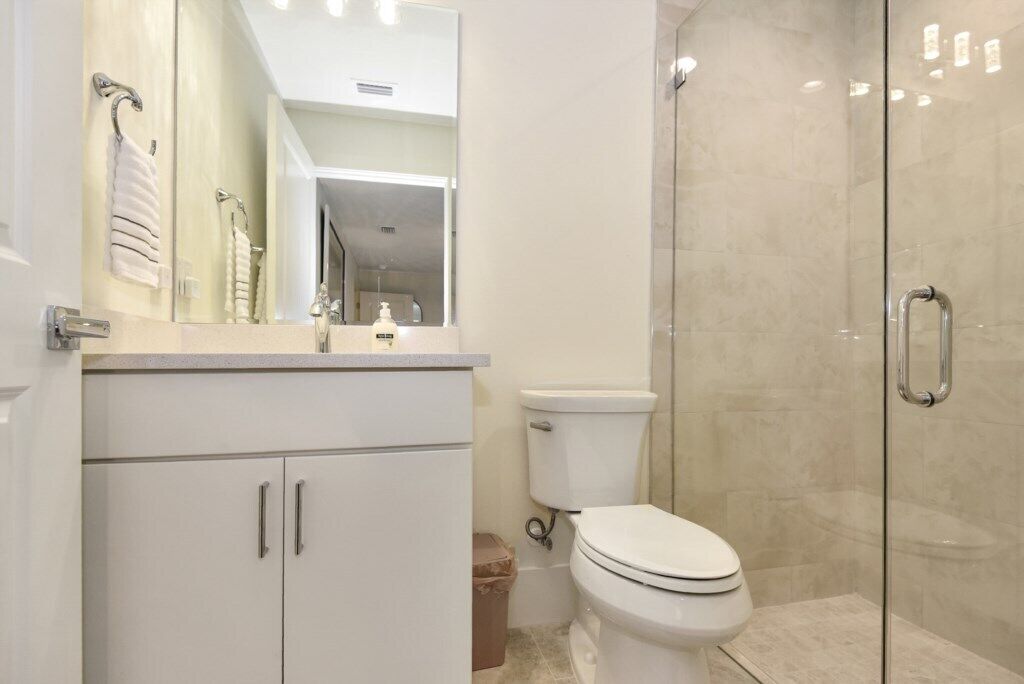 A modern bathroom with a glass shower enclosure, a white toilet, and a vanity with a mirror.