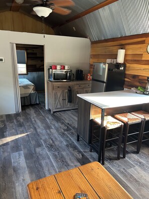 Fridge, microwave, coffee/tea maker, electric kettle