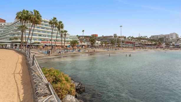 A beachside hotel with a pool, palm trees, and a clear view of the ocean. - Exclusive Beachfront Apartment. (Costa Adeje)