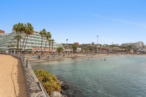 Un hotel frente a la playa con piscina, palmeras y vistas despejadas al océano.
