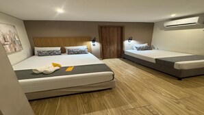 Habitación de hotel con dos camas, un cabecero de madera, una puerta y un equipo de aire acondicionado.