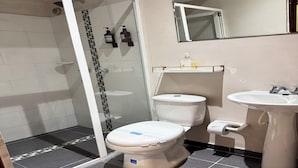Une salle de bain moderne équipée d’une douche, de toilettes et d’un lavabo.