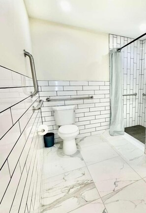 Shower, free toiletries, hair dryer, towels