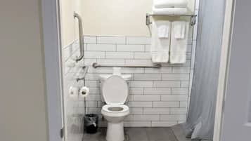 Shower, free toiletries, hair dryer, towels