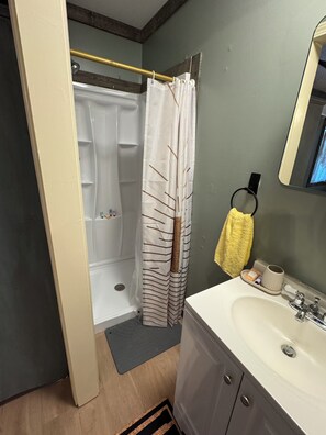 Shower, towels, soap, toilet paper