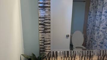 Hair dryer, towels, soap, toilet paper