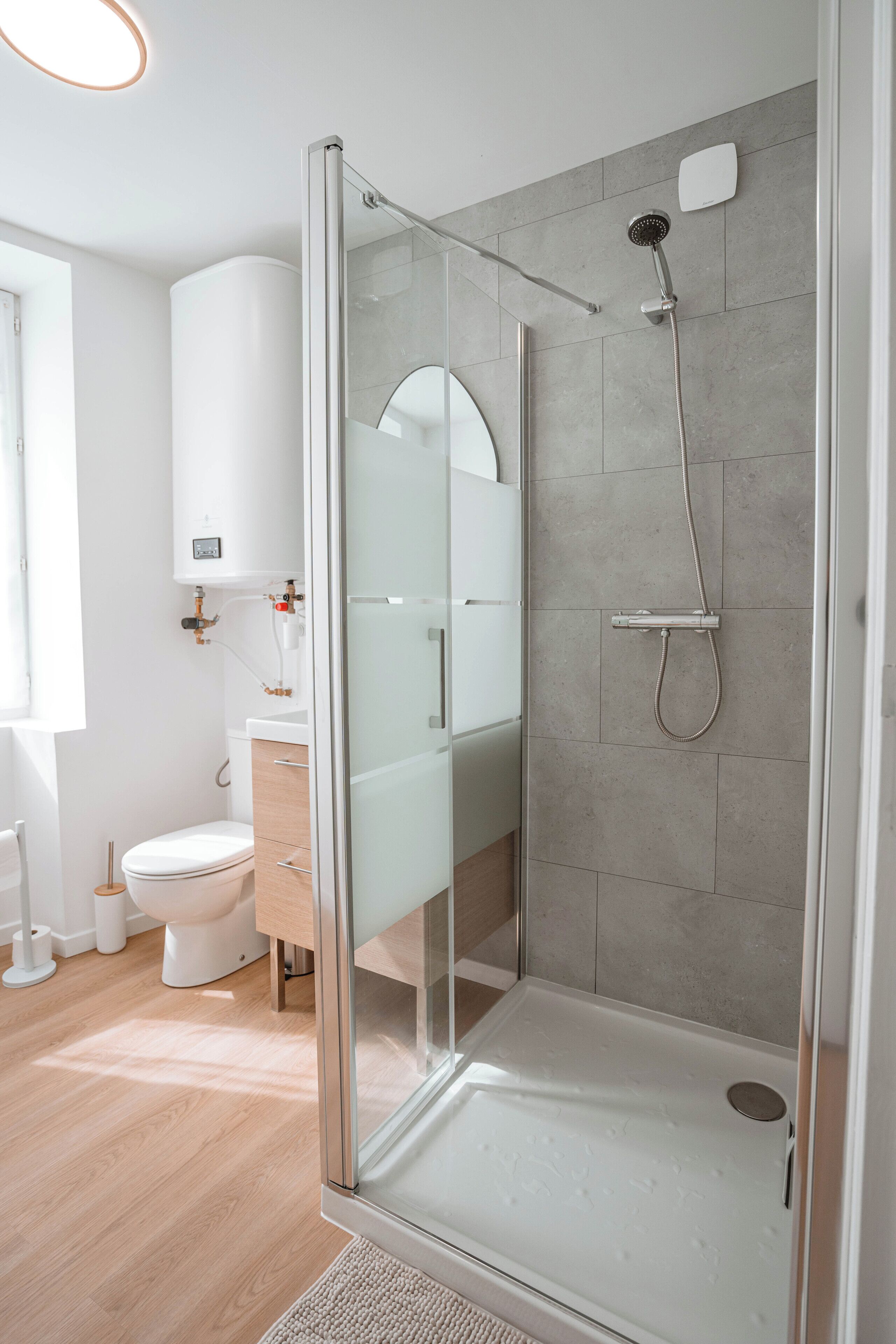 Shower, hair dryer, toilet paper