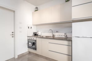 Fridge, microwave, oven, cookware/dishes/utensils