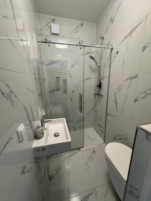 Ein modernes Badezimmer mit einer ein Glaswand trennenden Dusche, einem weißen Waschbecken mit Seifenspender und einer Toilette.