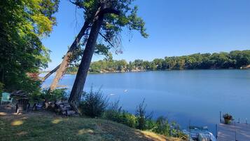 A lakeside view with a tree, chairs, and a dock.