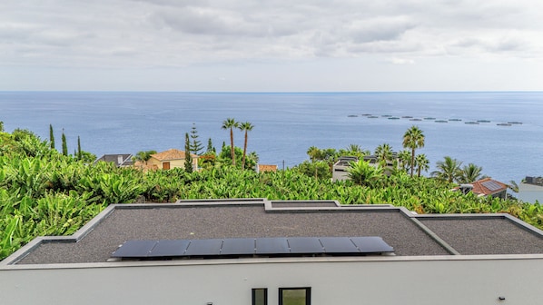 A rooftop with solar panels, a view of the sea, and tropical vegetation.