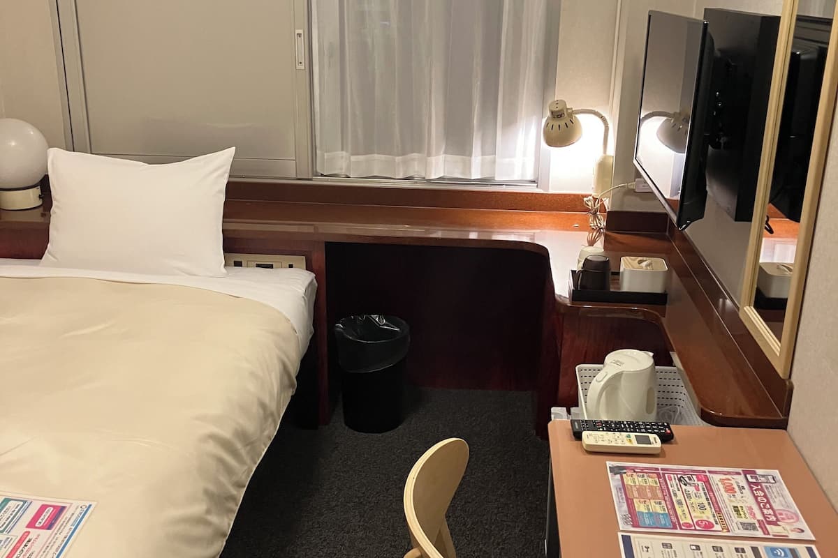 Habitación de hotel con cama, escritorio con silla, televisión, espejo y ventana con cortinas.