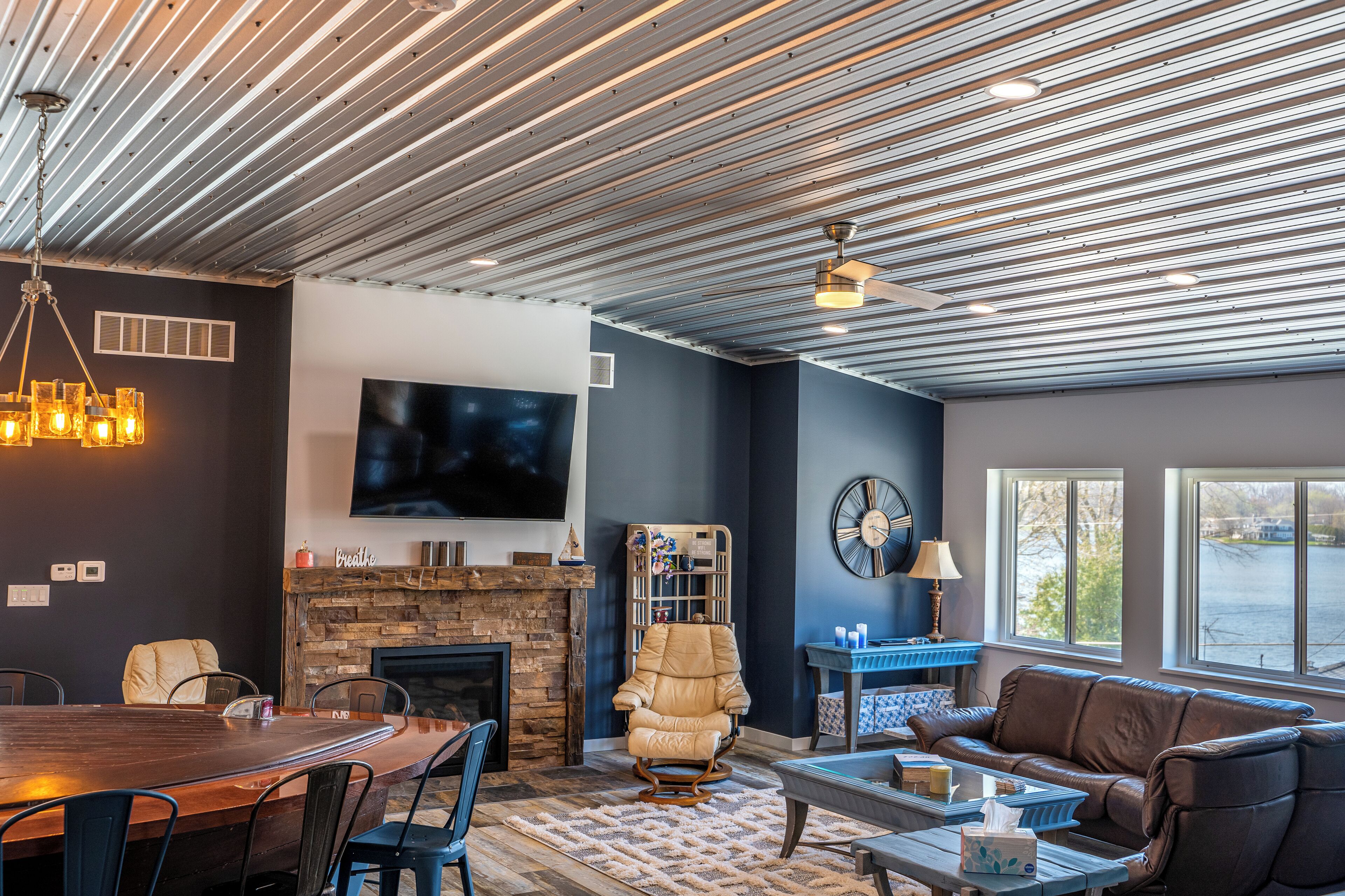 Smart TV, fireplace, books