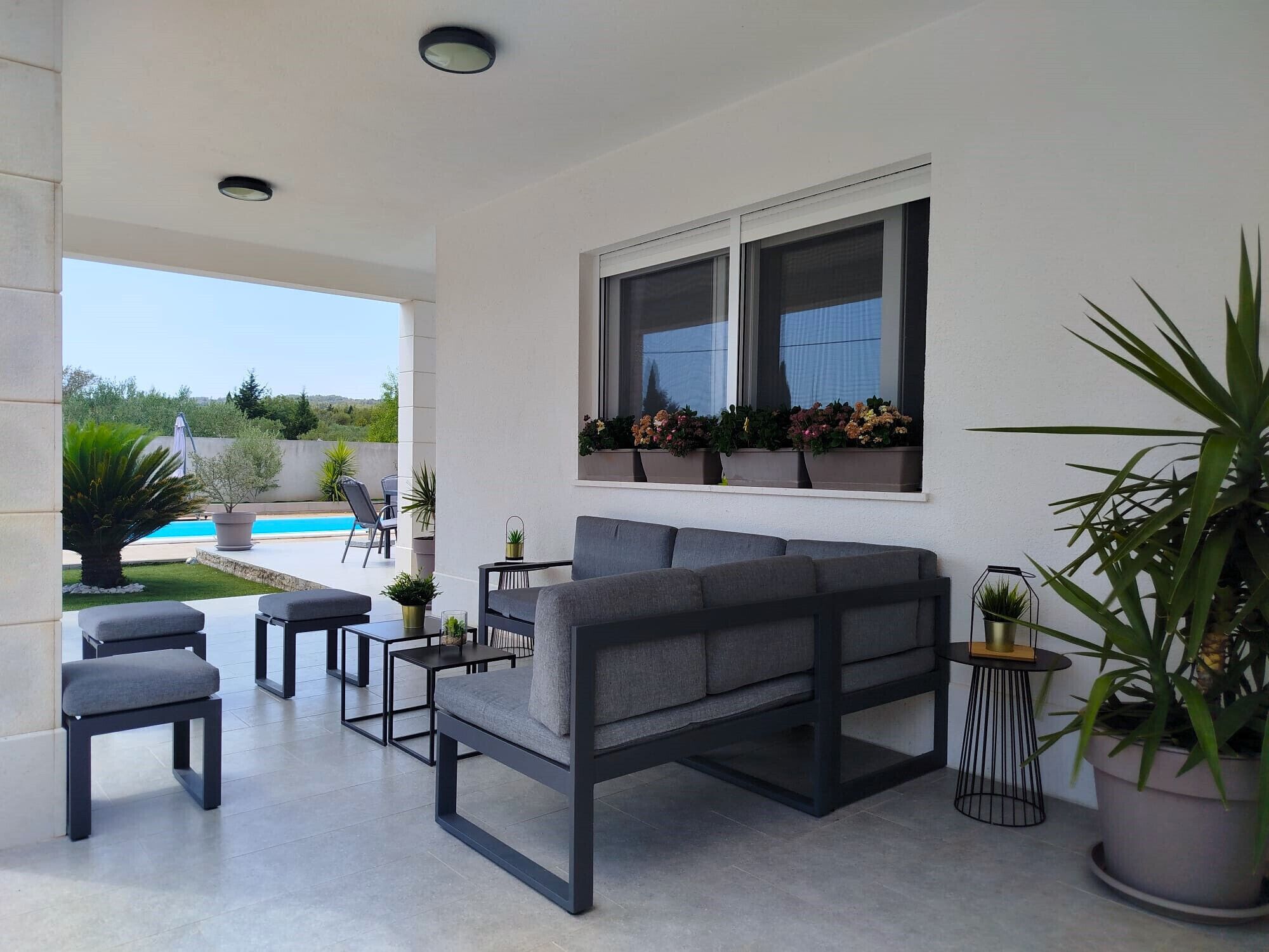 A modern outdoor seating area with a pool, a sofa, and potted plants.