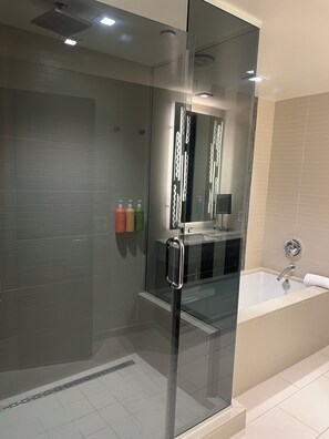 Chuveiro, secador de cabelo, bidê, toalhas de banho