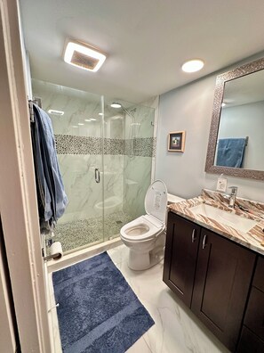 Regadera, secadora de cabello, bidet, toallas 