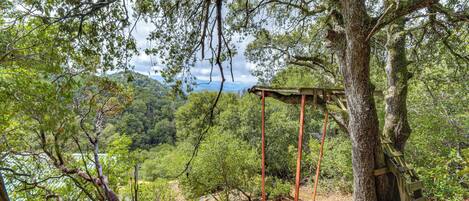 A wooden gazebo in a forested area with a view of a lake and hills in the background.