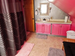 A bathroom with pink cabinets, a sink, a mirror, and a shower curtain. - Single Family Home - Comfortable Three Bedroom -in Clarksburg (Clarksburg)