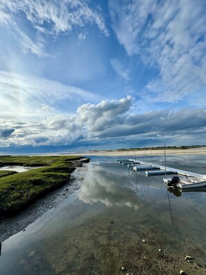 A calm water body with boats, grassy banks, and a cloudy sky.