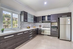 Apartament, 3 dormitoris, cuina, vistes a la ciutat | Cuina privada | Frigorífic gran, microones, forn i placa de cuina