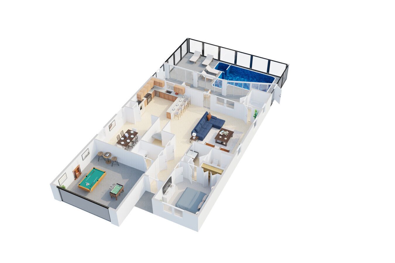Un plan 3D d’une chambre d’hôtel comprenant une piscine, un coin repas, un salon et une chambre à coucher séparée.