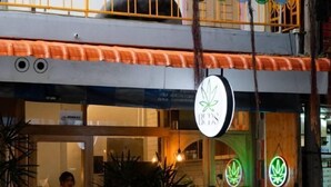 Ein Gebäude mit einem Schild mit der Aufschrift "BDS" und zwei beleuchteten Schildern mit einem Cannabisblatt-Symbol.