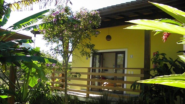 Un edificio amarillo con valla de madera, rodeado de exuberante vegetación y un pequeño árbol con flores moradas.
