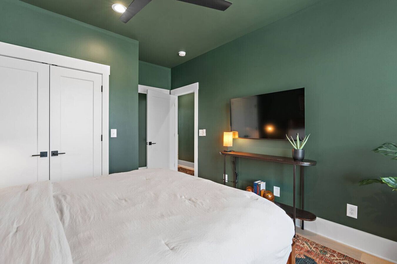 Un dormitorio con cama, televisor montado en la pared, mesita de noche con lámpara y una planta en maceta.