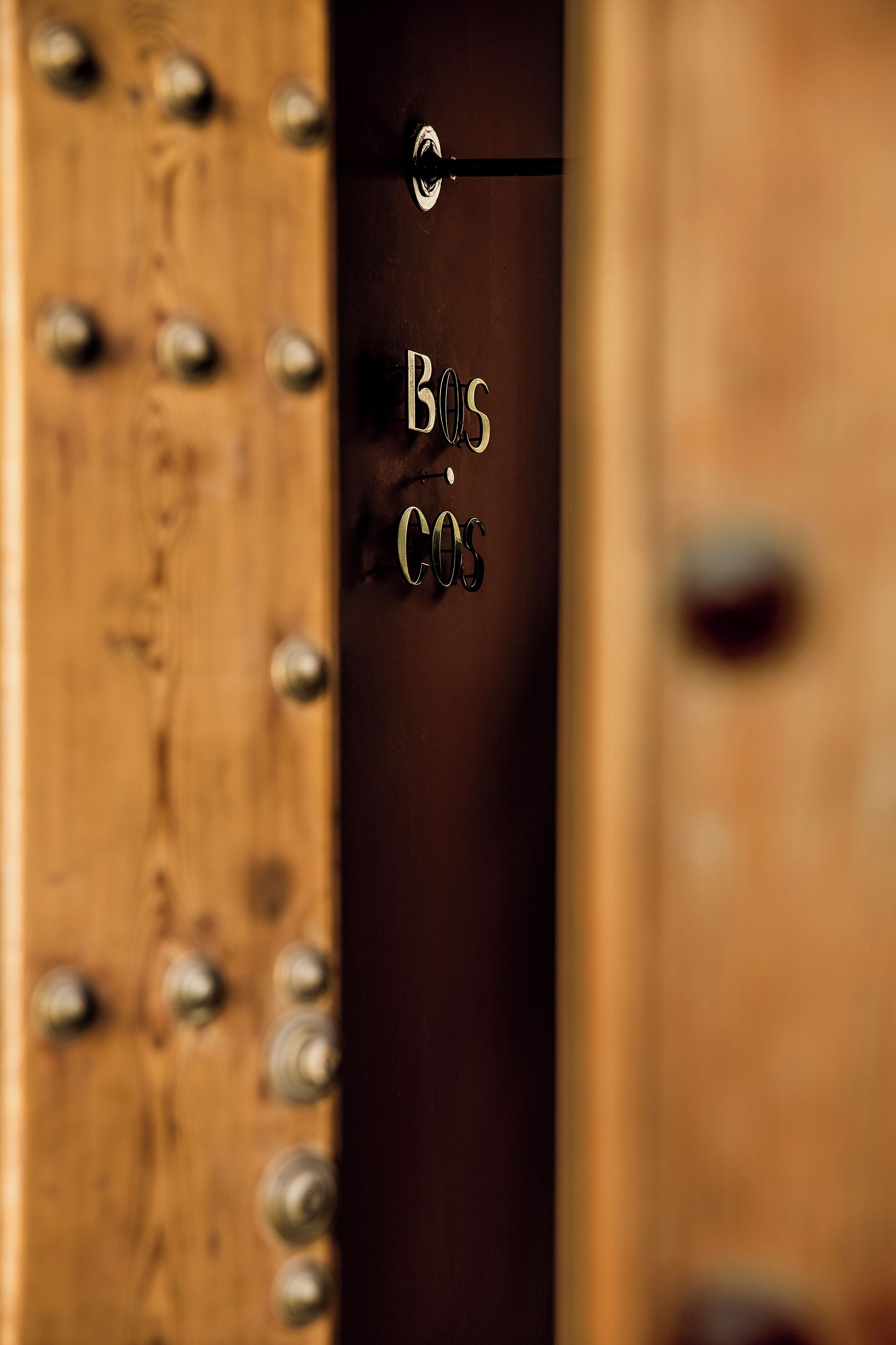 A close-up of a wooden door with metal studs and a brass handle.