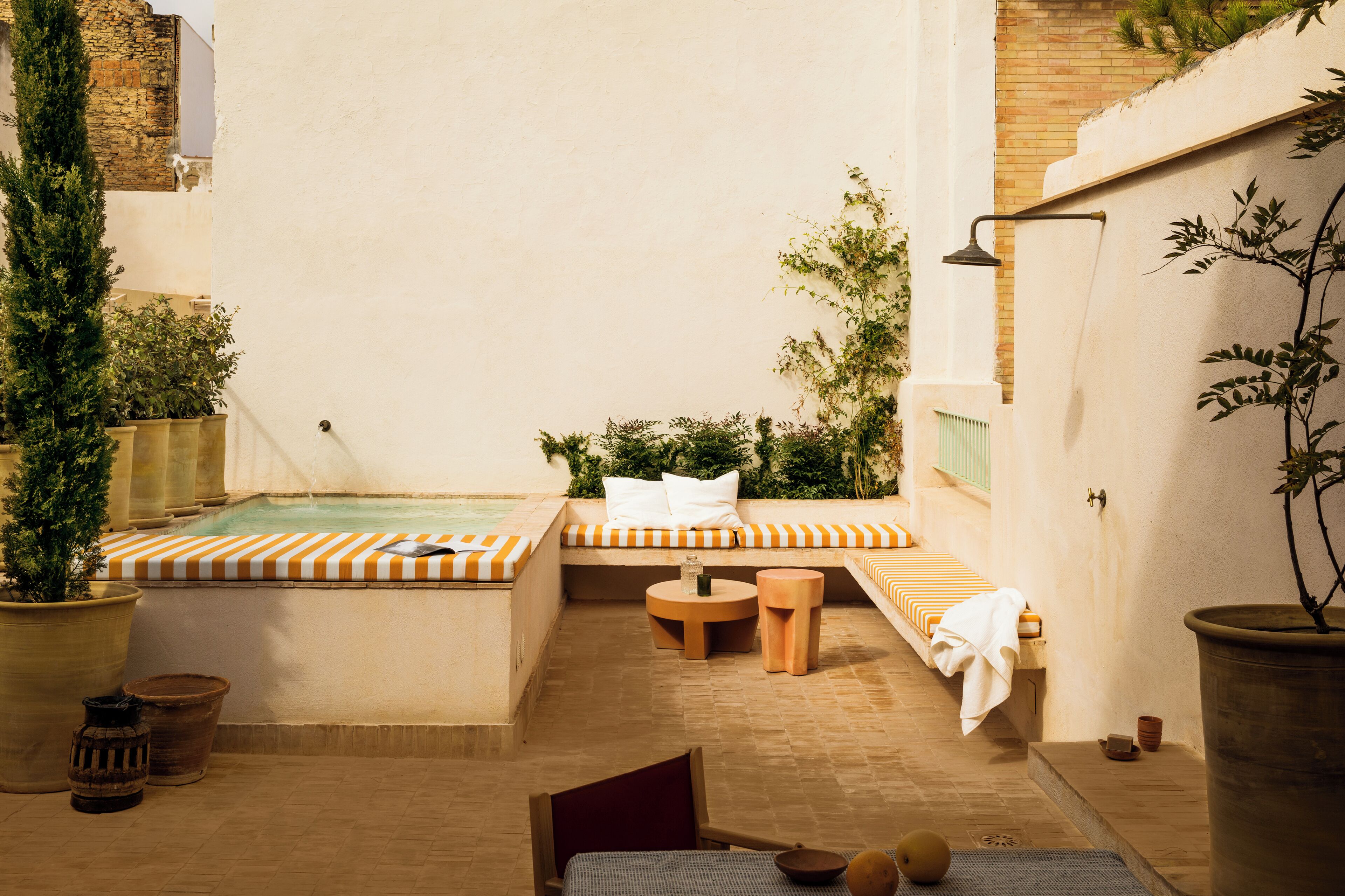 Un área de spa con hidromasaje, asientos y plantas en macetas.